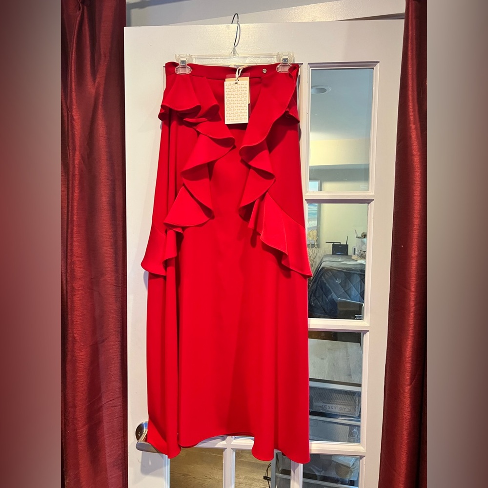 Chic Scarlet Ruffle Midi Skirt